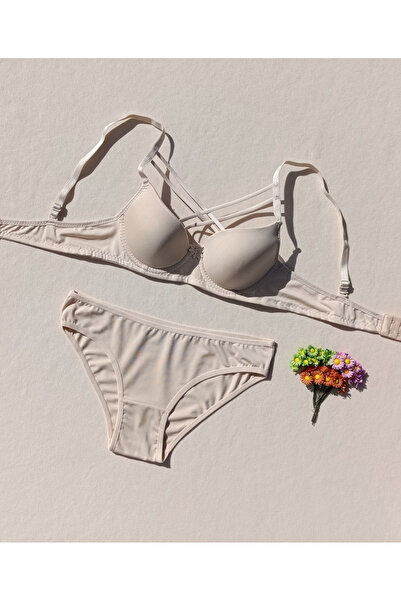 siyalife Hollow Covered Underwire Unpadded Cross String Tan Bra and Panty Lingerie Set (Hollow)