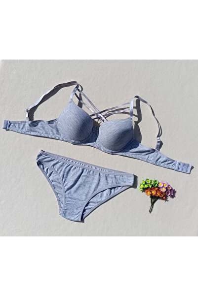 siyalife Hollow Covered Underwire Unpadded Cross String Gray Bra and Panty Lingerie Set (Hollow)