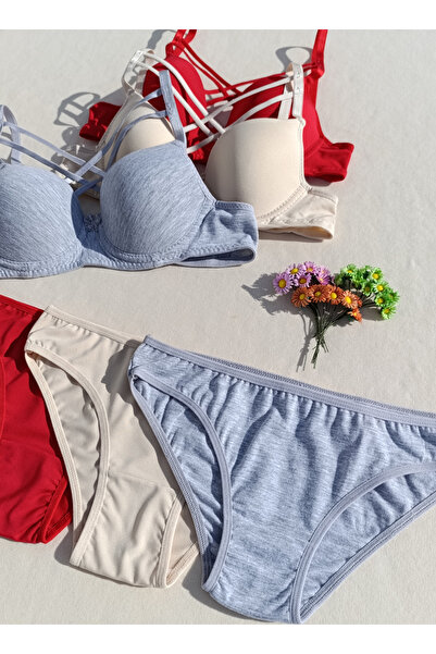 siyalife Hollow Covered Underwire Unpadded Cross Drawstring 3-Piece Bra and Panty Underwear Set (Hollow)