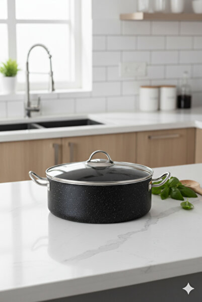 MEŞELER 24 Cm Black Granite Deep Pot - Inox