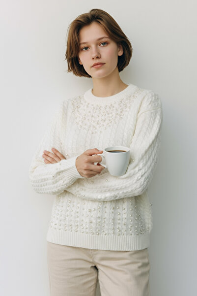 NEWCO Πλεκτό με λεπτομέρεια με μαργαριτάρια, πλεκτό πουλόβερ με λαιμόκοψη, άνετο και κομψό καθημερινό μοντέλο