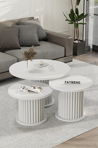 FAYMEND NUUNY Modern 3'Lü Ahşap Sehpa 'Mat Beyaz'