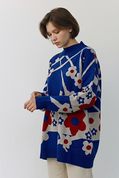 NEWCO Pulover tricotat cu textura moale, cu tematică florală, mărime standard supradimensionat