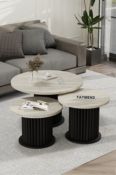 FAYMEND NUUNY Bohem Modern 3'Lü Ahşap Sehpa 'SİYAH - TRAVERTEN^'