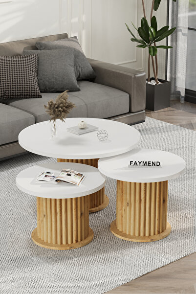 FAYMEND NUUNY Bohem Modern 3'Lü Ahşap Sehpa 'MEŞE BEYAZ'