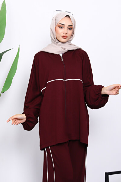 İmajButik Modal Set with Plum Zippered Sweat Pants