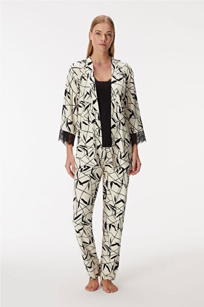 Anıl Set de pijamale din 3 piese pentru femei, cu mâneci și detaliu din dantelă