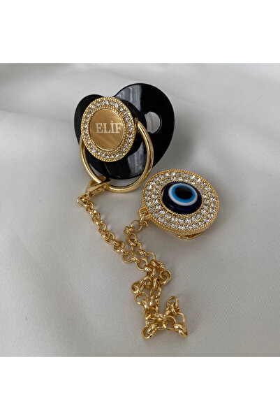 tiny wood Altın Kaplama İsimli Zirkon Taşlı Silikon Emzik Seti (0-6 Ay) – Damaklı & Kişiye Özel Siyah