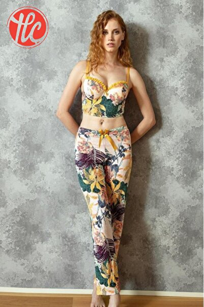 Anıl 4157 Kadın Yaprak Desenli Viskon Büstiyer Pijama Takım