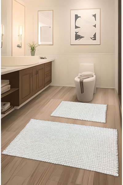 FeelHome مجموعة سجادة حمام فائقة النعومة وفائقة الامتصاص من باموكالي مكونة من قطعتين مصنوعة من القطن بنسبة 100% باللون الأبيض