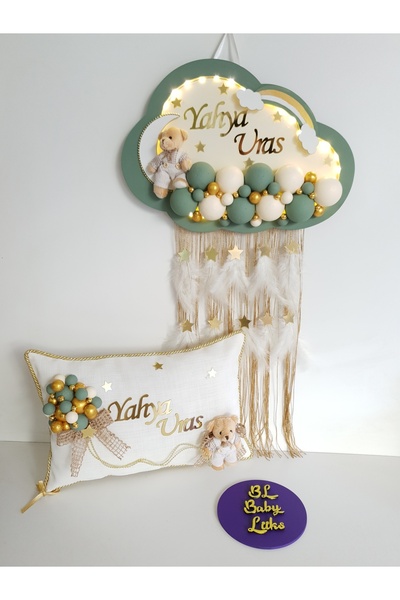 BL Baby Lüks Bubble Ledli Bulut Bebek Kapı Süsü Ve Yastık Yeşil Kenar Krem Zemin
