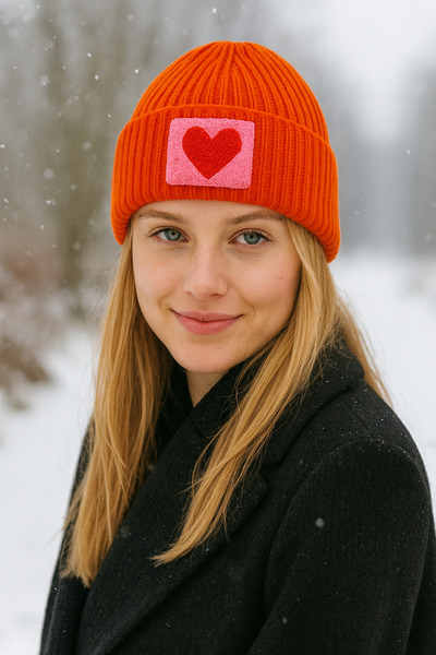 byebruketenci قبعة صوفية برتقالية اللون مع تفاصيل قلب باللونين الأحمر والوردي