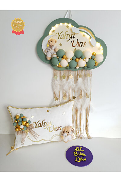 BL Baby Lüks Bubble Ledli Bulut Bebek Kapı Süsü Ve Yastık Yeşil Kenar Krem Zemin
