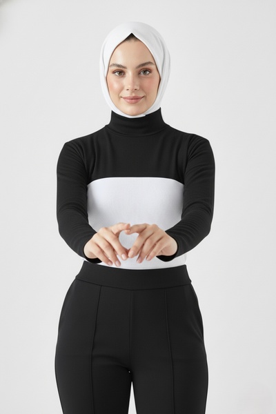 a02teks Dik Yaka Boyunluklu Kolluk Siyah Uzun Kollu Boyunluk Tesettür Boyunluk Balıkçı Yaka Bodysuit