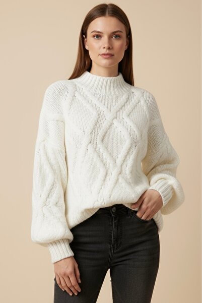 Store Yarım Boğazlı Balon Kol Kışlık Triko Kazak-Beyaz