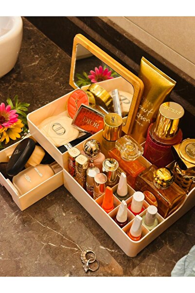 MAKRİ HOME Cosmetic Jewelry Makeup Organizer with Bamboo Mirror, 29 X 17.5 X ...