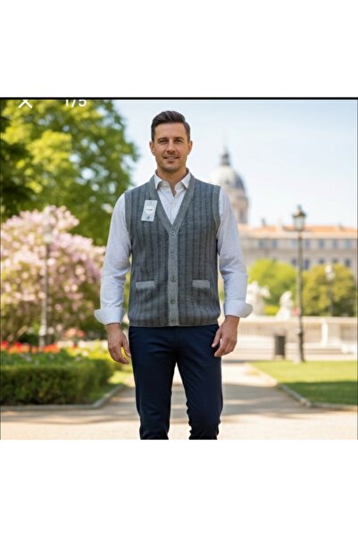 ALGE Men's Knitwear Vest - Steel Knit with Guncuoglu, Pockets and Buttons