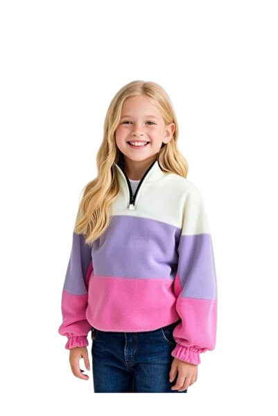 REIZ Kız Çocuk Renk Bloklu Yumuşak Dokulu Dik Yaka Yarım Fermuarlı Polar Sweatshirt