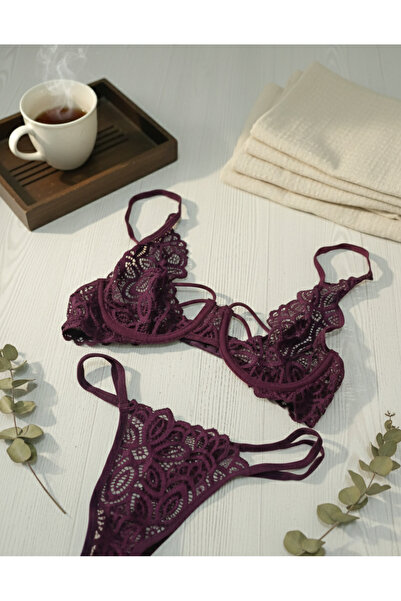 Leona Bralet Mürdüm Çift İpli Takım (Askılı Sütyen & Tanga)