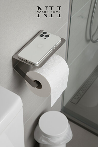 NAKRA HOME Paslanmaz Çelik Yapışkanlı Tuvalet Kağıdı Askılığı Raflı | Delmeden Montaj | Neme Dayanıklı