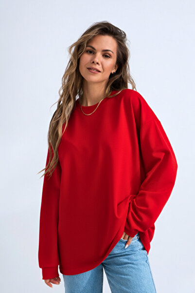 GUARAZ Women's Red Relax Fit Comfortable Cut 100% Cotton Long Sleeve Crew Neck Basic T-Shirt