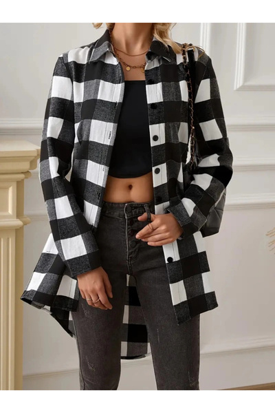 HAZEGO Women's Long Sleeve Plaid Front Button Woven Long Shirt