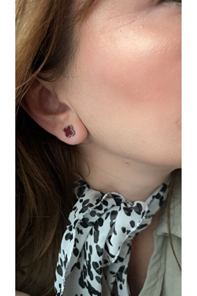 stainles steel Silver bordo renkli minik yonca küpe