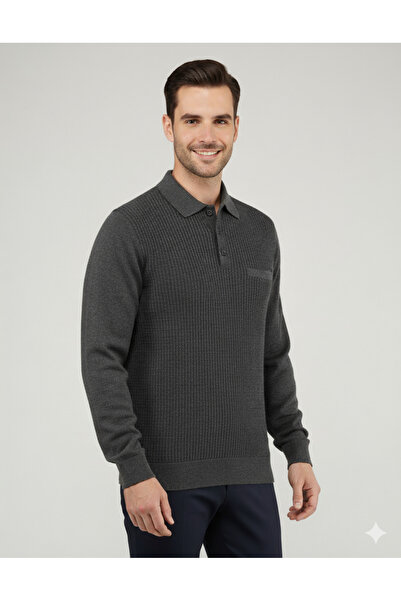 güncüoğlu Polo Collar Pocketed Steel Knit Men's Sweater