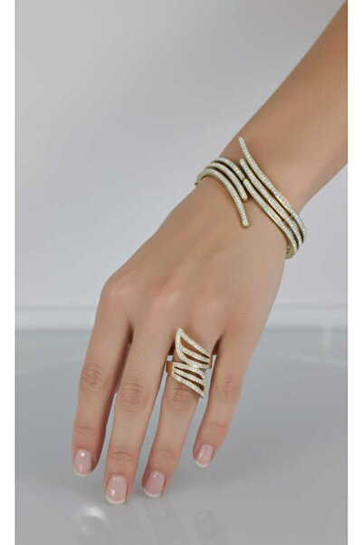 SONES Kararmaaz Çelik Zirkon Taşlı Gold Rengi Kelepçe ve Yüzük Çelik Takı Seti - Zarif & Şık