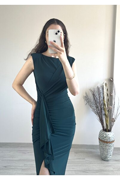 Aspendia فستان نسائي ببطانة على الكتفين وشقوق