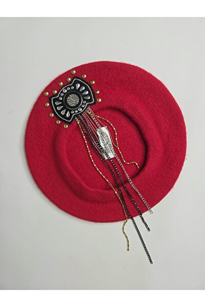 Senbeno Design KIRMIZI FRANSIZ RESSAM BERESİ SALLANTI VE ZİNCİR DETAYLI