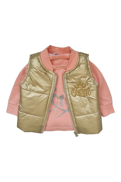 Miniworld Girls' cotton set with Queen padded vest, 3 pieces, age 9-12 months, 80 cm, Pink