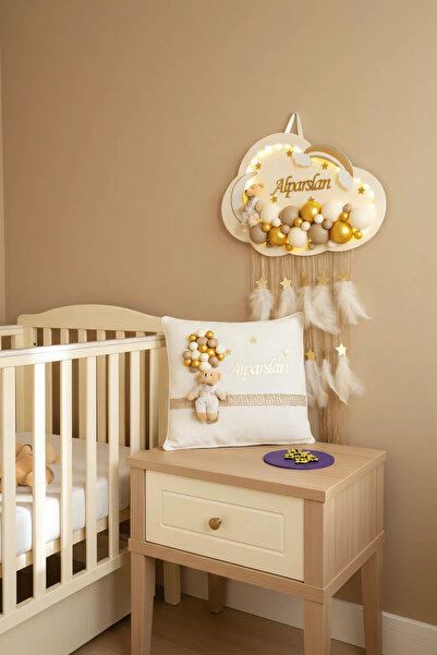 BL Baby Lüks Bubble Ledli Bulut Bebek Kapı Süsü Ve Yastık Krem Zemin Gold Top