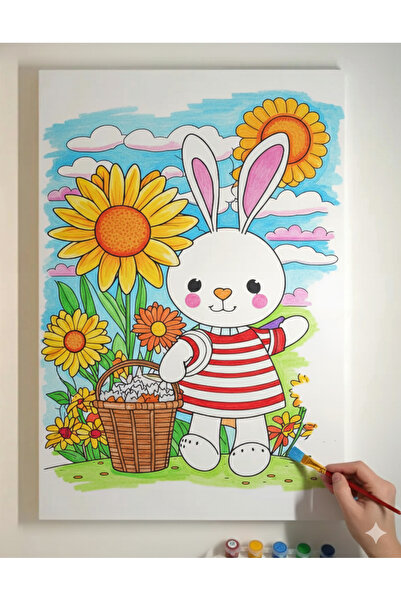 dudu ahşap 25x35 Resimli Tuval Çocuk Boyama Seti- Tavşan resimli-6 renk akrilik boya ve 2 fırça adet fırça ile