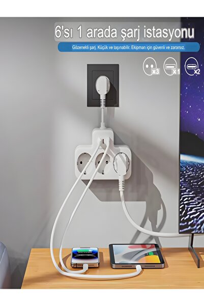 DEANB 3680W 3’lü Priz Çoklayıcı | Alman Akım Korumalı Saf Bakır | 1xUSB + 2xType-C, 1050J, 3.4A