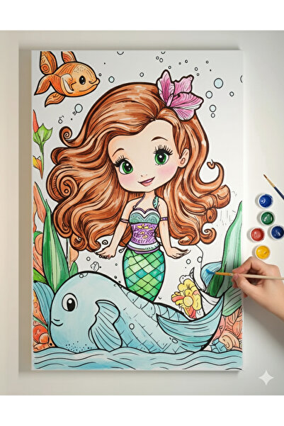 dudu ahşap 25x35 Resimli Tuval Çocuk Boyama Seti- Deniz Kızı resimli-6 renk akrilik boya ve 2 fırça adet fırça