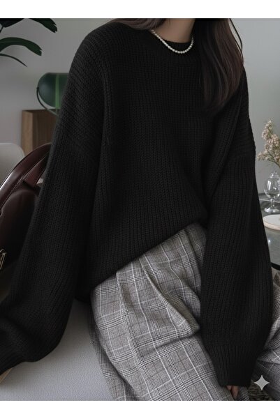 Buteks Μαύρο Γυναικείο Πουλόβερ Ειδικής Σειράς, Βασικό, Χαλαρό, Άνετο, Υπερμε...