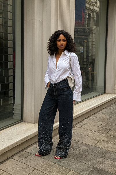 ParlaMira Női sötétkék, magas derekú, bő szabású farmernadrág kövekkel a szárnynál