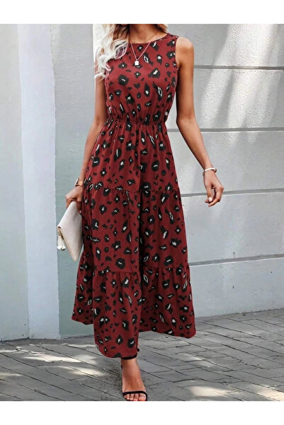 HanZone Women's Sleeveless Crew Neck Elastic Waist Patterned Single Jersey Dress