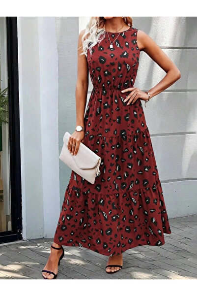 HanZone Women's Sleeveless Crew Neck Elastic Waist Patterned Single Jersey Dress