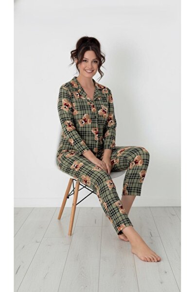 Moda Banuş Plaid Bear Shirt Collar Suede Pajama Set