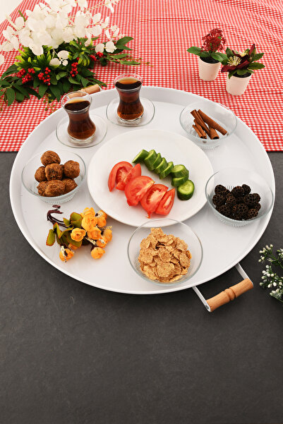 AKSESUAR EVRENİ London 57 cm White Presentation Metal Serving Tray Set Breakfast Wooden Handle Treat Tray