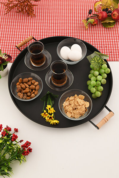 AKSESUAR EVRENİ London 37 cm Black Presentation Metal Serving Tray Set Breakfast Wooden Handle Treat Tray