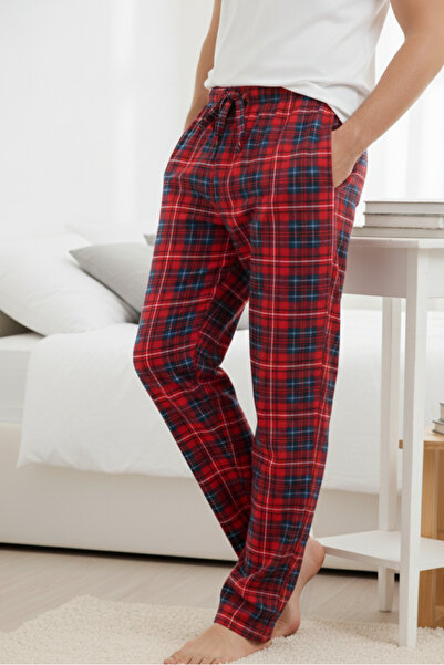 Elemge Kareli Erkek Pijama Altı Yumuşak Süet Kumaş Rahat Kesim Cepli Ipli Relax Fit Kırmızı Ekoseli Esnek