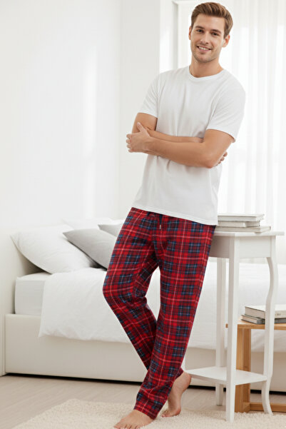 Elemge Kareli Erkek Pijama Altı Yumuşak Süet Kumaş Rahat Kesim Cepli Ipli Relax Fit Kırmızı Ekoseli Esnek
