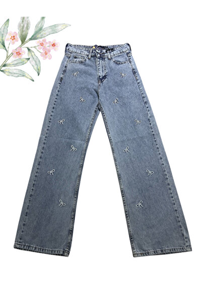 Blue mist Fiyonk Nakış Detaylı Yüksek Bel Wide Leg (Geniş Paça) Jean Pantolon