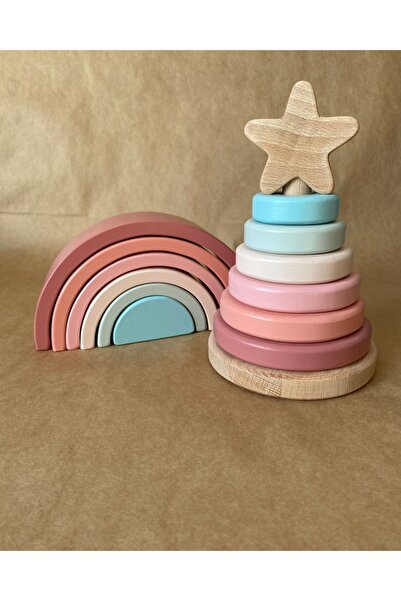tiny wood Waldorf Gökkuşağı Ve Ahşap Yıldız Kule Renkli Doğal Ahşap Eğitici B...