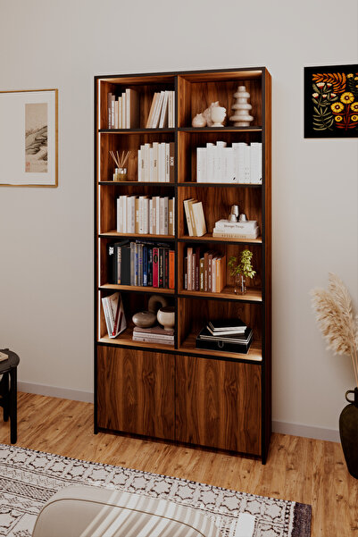 Avex Home Renora Ceviz Kitaplık – Gömme LED Aydınlatmalı – %100 MDF – Kütüphane, Dekor ve Hobi Vitrini