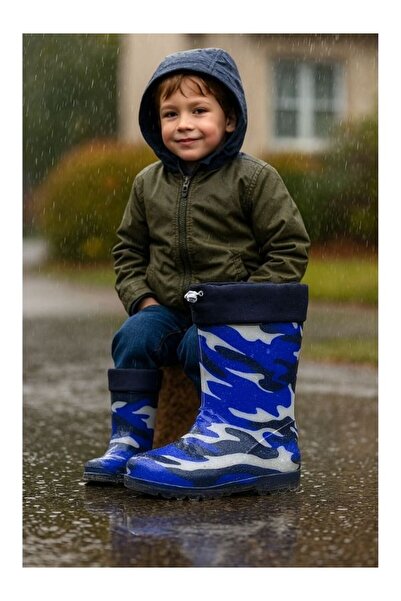 Motif Peluş Astarlı Lacivert Kamuflaj Çocuk Yağmur Çizmesi – Hafif, Dayanıklı, Kaymaz Pvc Taban