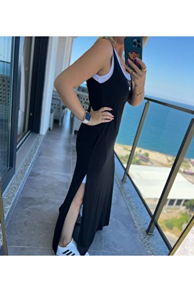 Kokosh moda Kadın Yırtmaç Detaylı Viskon Kumaş Maxi Boy Cepli Iç Dahil Ikili Elbise